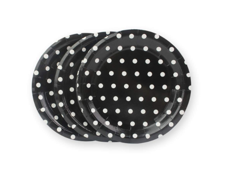 Variatas Standard Round Plates in black polka dots